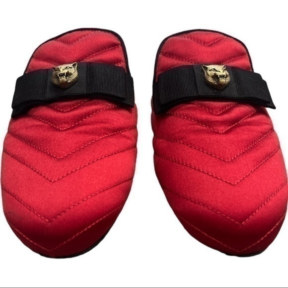GUCCI Tiger Head Bow Red Satin Princetown Slipper Mules Size 36 - Picture 2 of 10